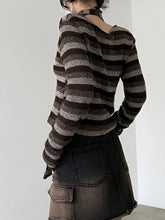 Casual Furry Striped T Shirt With Scarf Winter Y2K Slim O-Neck Long Sleeve Tees Cardigans Streetwear